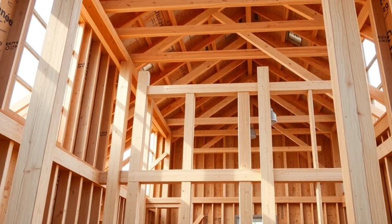 High-quality framing of a building structure showing detailed wooden beams and support supports in natural light.