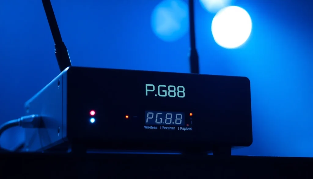 High-quality PG88 wireless microphone receiver with LED indicators and rack mount setup for clear sound reinforcement.
