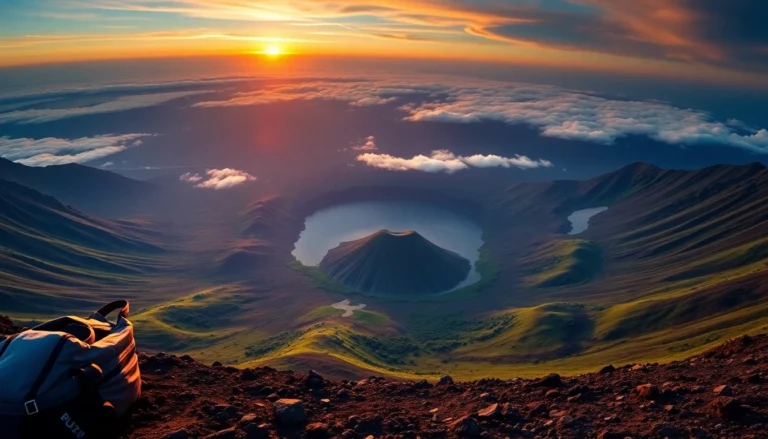 Majestic Mount Rinjani summit with volcanic crater, lush forests below, and vibrant sunrise sky, showcasing Indonesia's iconic volcano for adventure seekers and nature lovers.