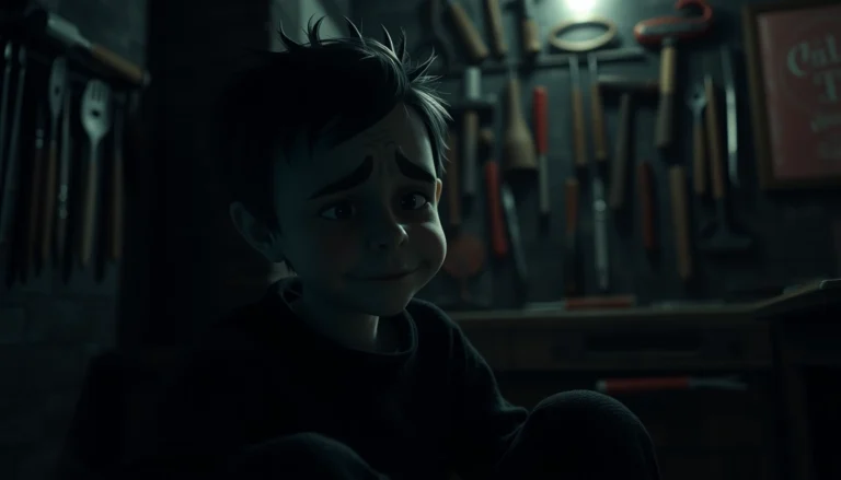 A distressed character named Harvey sitting in a dark room, showing suffering and fear amid disturbing tools and shadows.