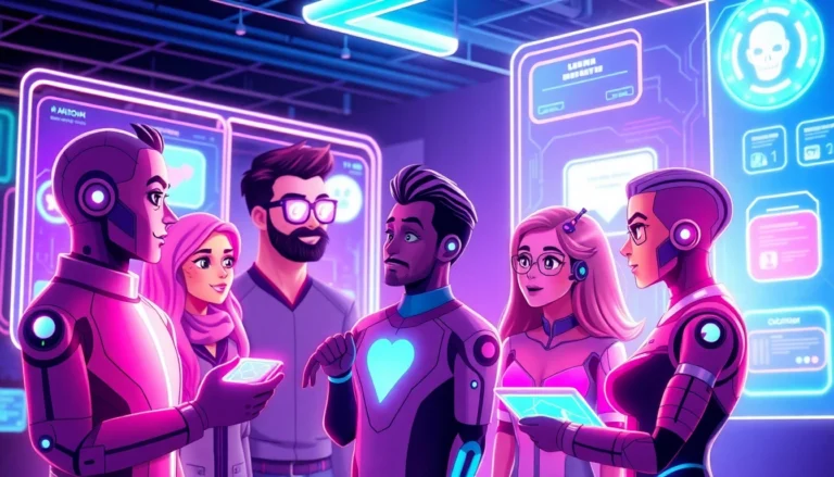 Futuristic digital scene with AI characters interacting in a holographic chat environment with neon accents.