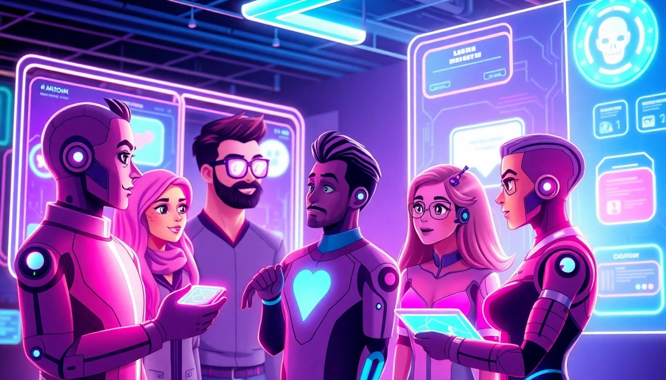 Futuristic digital scene with AI characters interacting in a holographic chat environment with neon accents.
