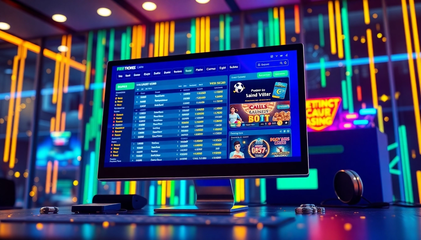 An illustration of a modern online sportsbook and casino platform with vibrant colors and digital effects, highlighting excitement and high energy.