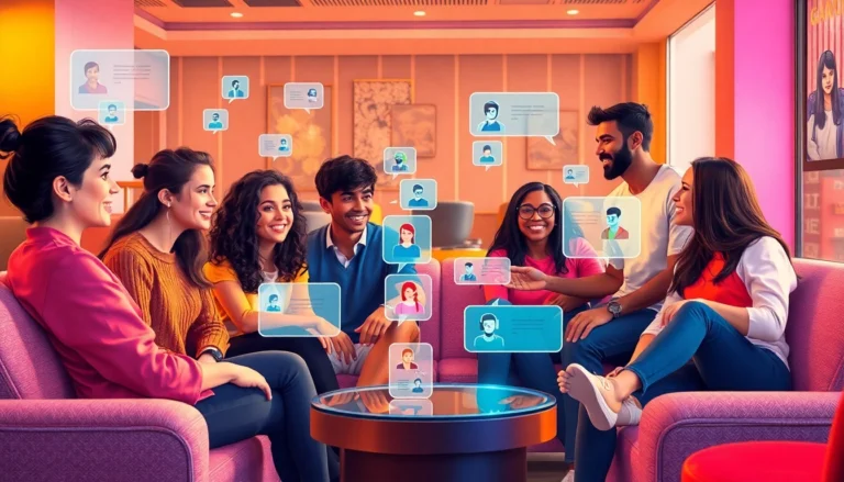 A diverse group of young adults chatting around a futuristic AI interface in a cozy lounge.