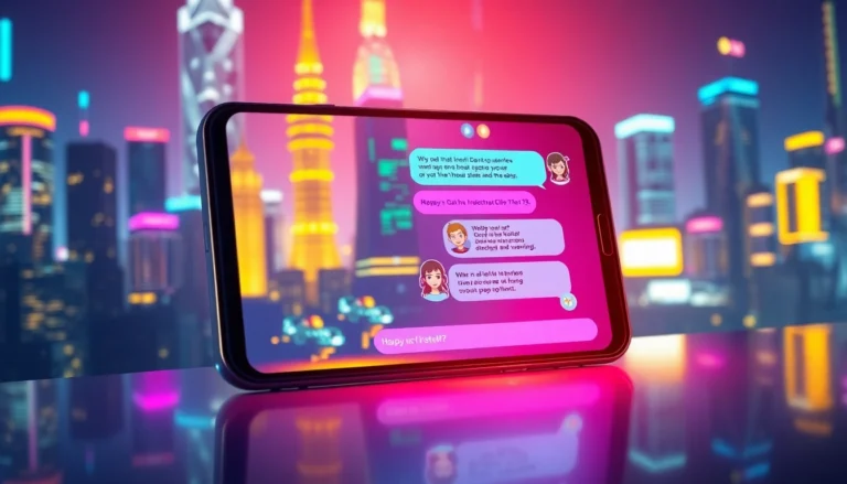 Futuristic chat interface with neon cityscape background, colorful conversation bubbles, and AI character avatars.