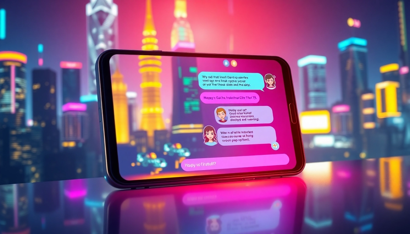 Futuristic chat interface with neon cityscape background, colorful conversation bubbles, and AI character avatars.