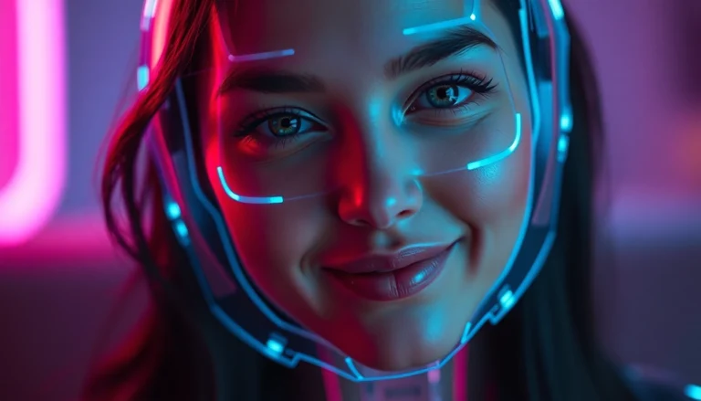 AI girlfriend engaging in a warm, personalized virtual chat via hologram, highlighting advanced digital intimacy and emotional connection.