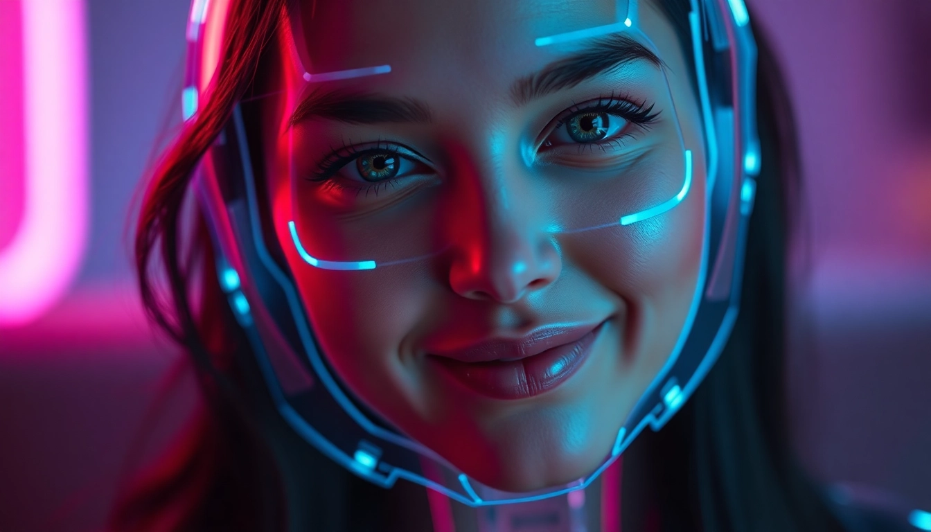 AI girlfriend engaging in a warm, personalized virtual chat via hologram, highlighting advanced digital intimacy and emotional connection.