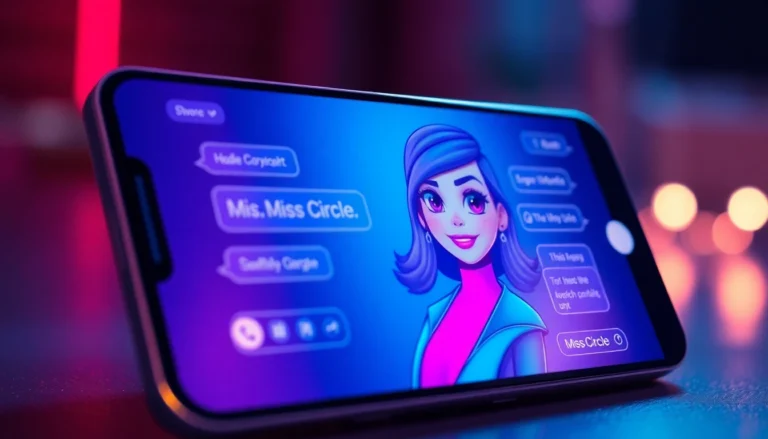 An illustration of a futuristic device screen displaying an engaging AI chatbot character, Miss Circle, with vibrant colors and glowing interface elements.