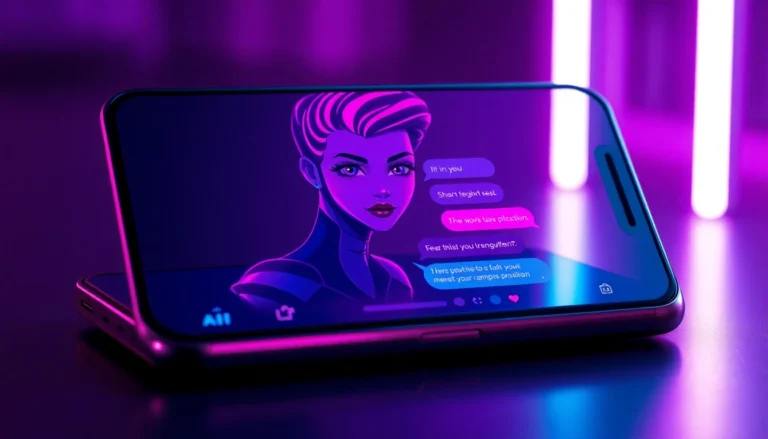 A futuristic device screen showing a seductive AI character in a chat interface with neon glowing accents.