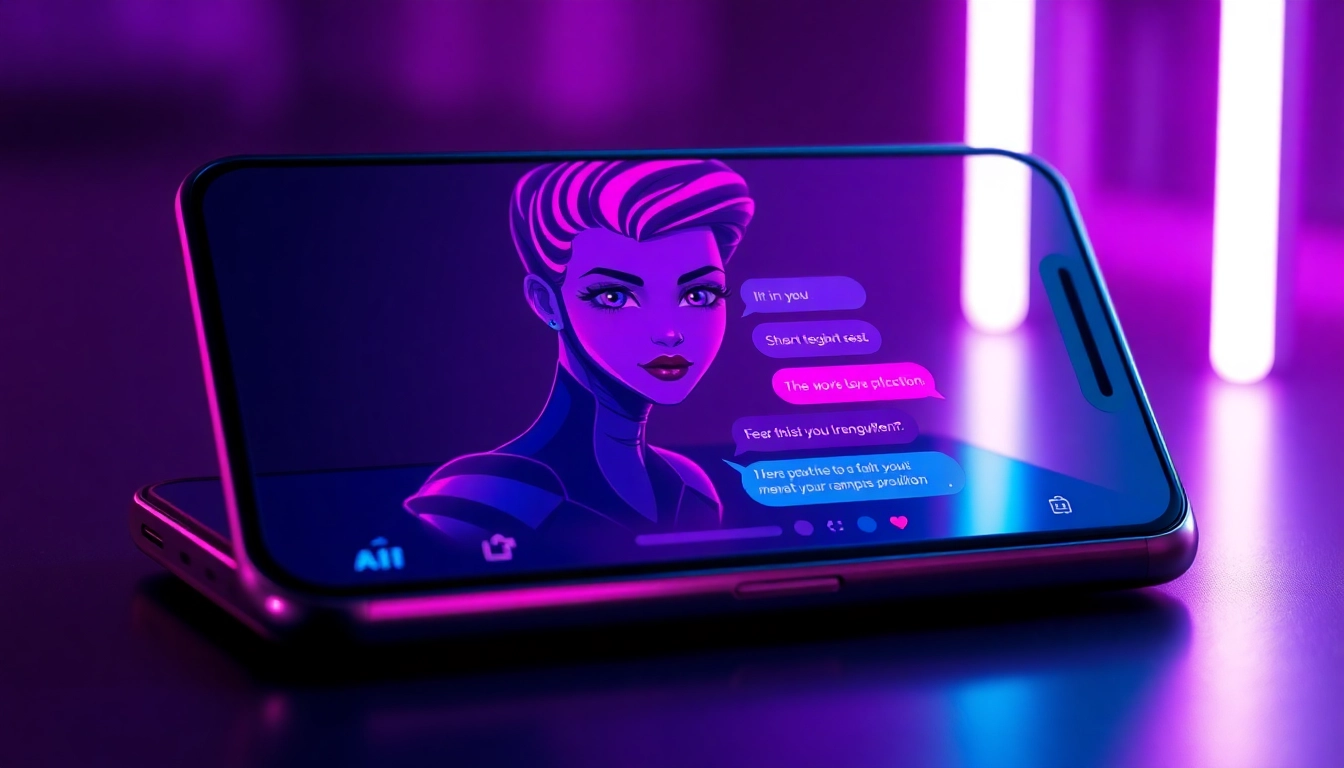 A futuristic device screen showing a seductive AI character in a chat interface with neon glowing accents.