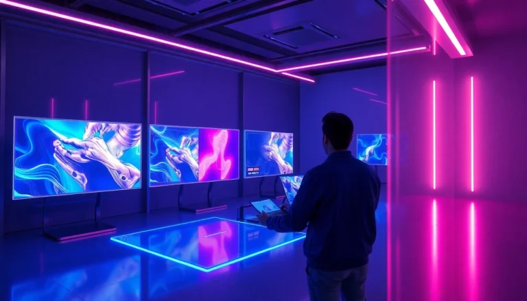 Futuristic digital workspace showcasing AI-generated images and videos on holographic screens