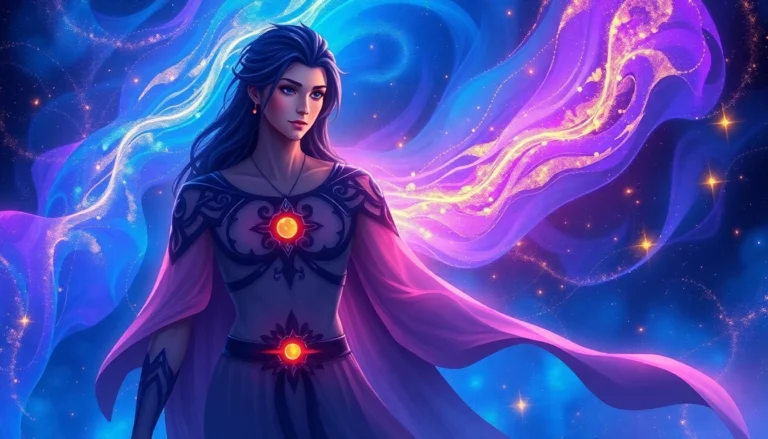 Digital artwork illustrating the symbolic and fantastical elements of the Omegaverse with two human-like figures against a cosmic background.