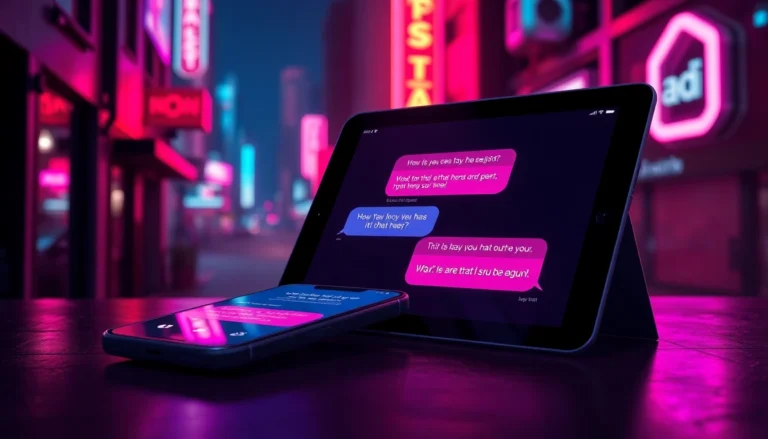 Futuristic smartphone displaying flirtatious AI chat bubbles in a neon-lit cityscape background.