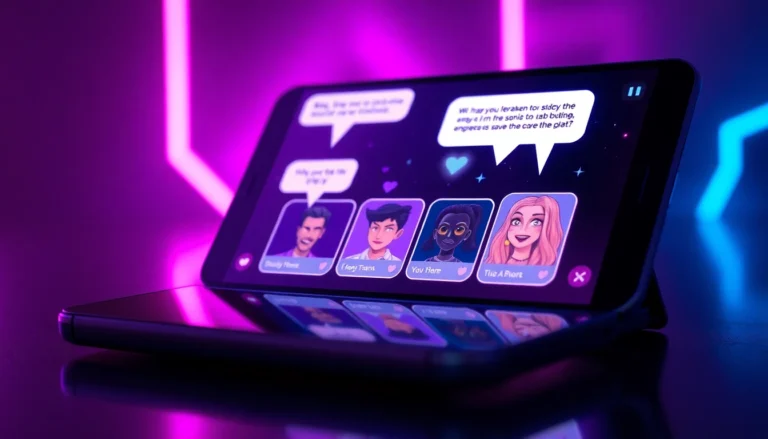 Futuristic chat interface with multiple AI characters on a sleek device, neon lights, and cosmic background