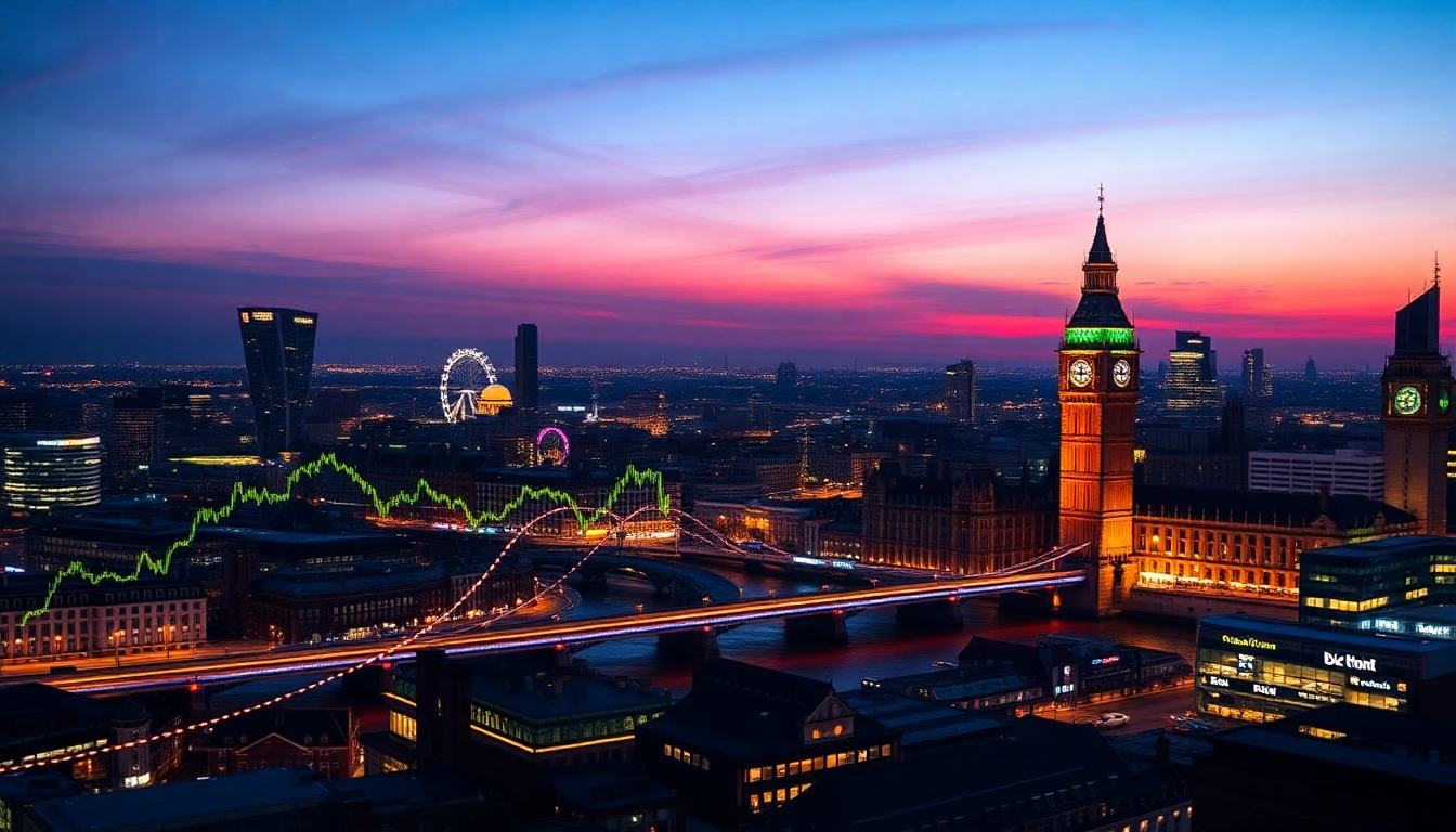 Cryptocurrency Trading News London depicted with digital charts over London skyline at night