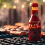 High-quality Barbeque Sauce bottle being poured on grilled meats during outdoor cooking