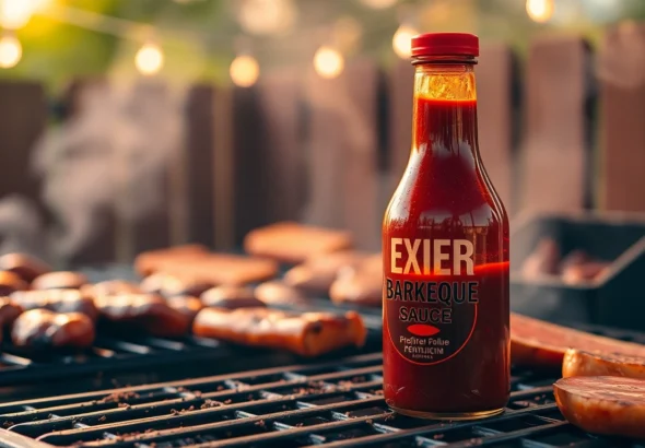 High-quality Barbeque Sauce bottle being poured on grilled meats during outdoor cooking