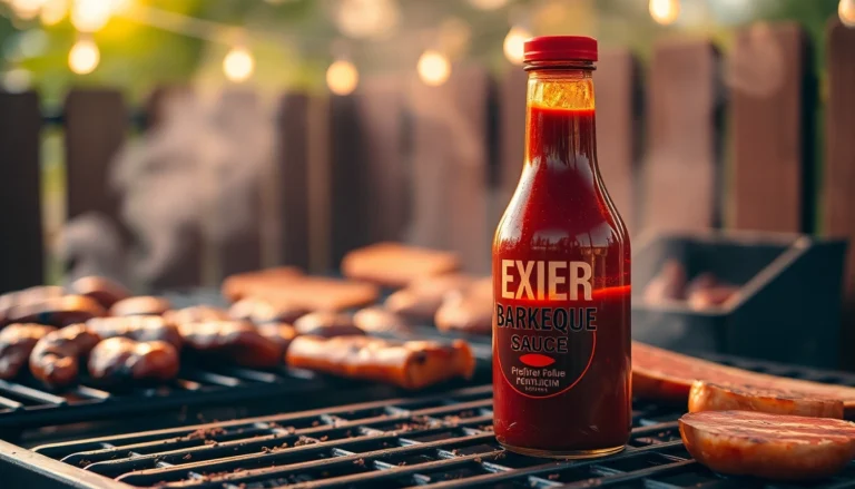High-quality Barbeque Sauce bottle being poured on grilled meats during outdoor cooking