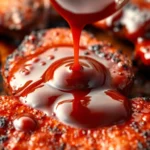 High-quality barbeque sauce being poured over grilled meats, showcasing rich color and texture