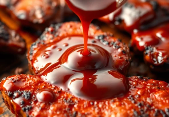 High-quality barbeque sauce being poured over grilled meats, showcasing rich color and texture