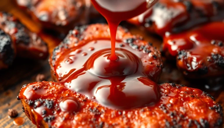 High-quality barbeque sauce being poured over grilled meats, showcasing rich color and texture