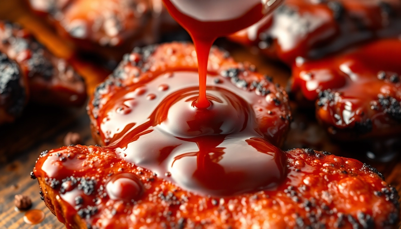 High-quality barbeque sauce being poured over grilled meats, showcasing rich color and texture